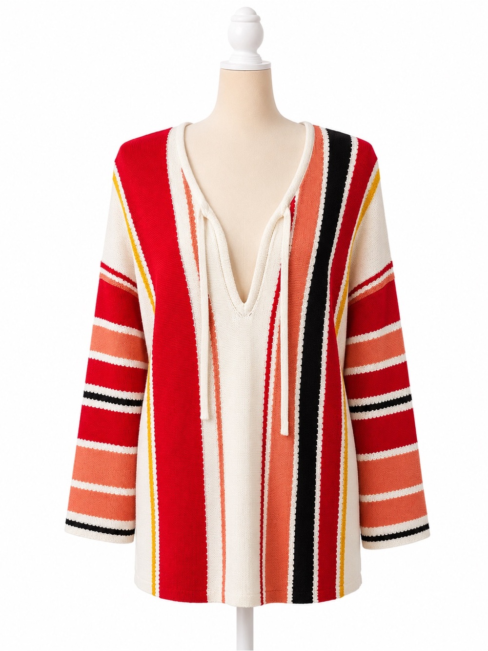 LOFT Ann Taylor Striped Cotton Tunic Sweater Large Tie Neck 3/4 Sleeve Boho